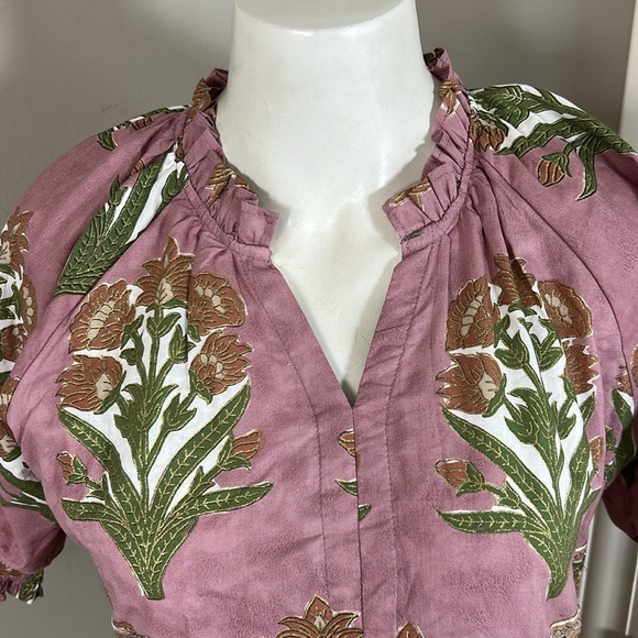 Victoria Dunn Oren Dress Pink Green Floral Block Print Ruffled V Neck Sz S NEW - Picture 3 of 9